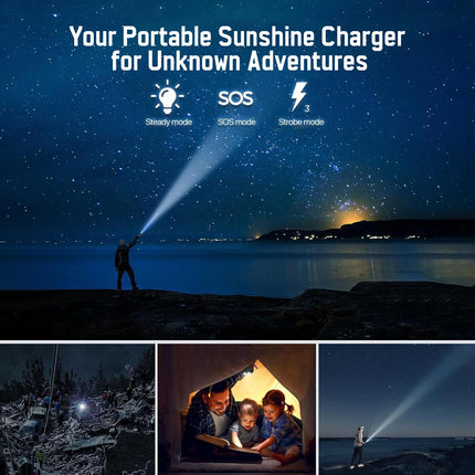 HACER 10000mAh Camping Solar Power Bank Built-in COB Flashlight Portable Charging Device with LED Indicators 2 USB Output Ports & USB-A to Micro-USB Cable for Climbing Hiking and Trekking (1Pc) 