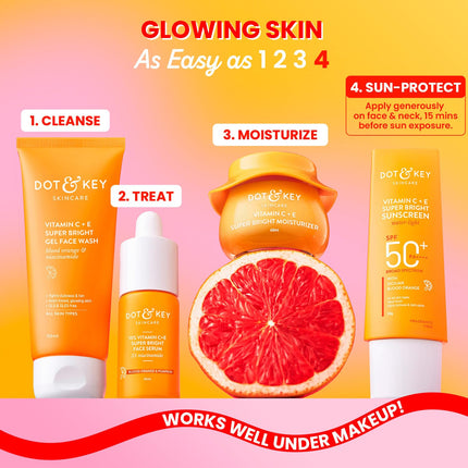 DOT & KEY Vitamin C + E Super Bright Sunscreen Spf 50 |Water-Light,UVA/UVB & Blue Light Protection|For Even Toned & Glowing Skin|With Liquid Spf 50+++| No White Cast| For All Skin Types| 50G,Pack Of 1 
