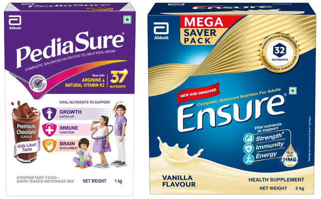 Ensure Complete & Balanced Nutrition Drink For Adults 2kg, Vanilla Flavour & Pediasure Health and Nutrition Drink Powder 1kg, Premium Chocolate Flavour Value Pack 