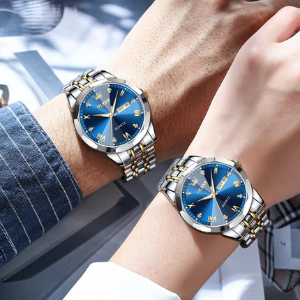 OLEVS Watch for Men Diamond Business Dress Analog Quartz Stainless Steel Waterproof Luminous Date Two Tone Luxury Casual Wrist Watch 