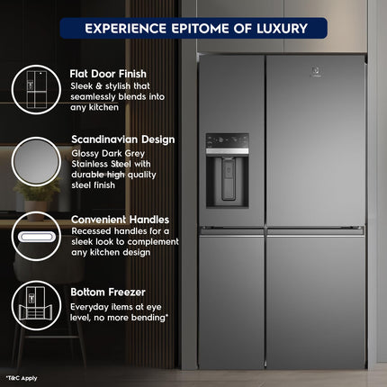 Electrolux 680L Frost Free Inverter French Door Refrigerator, TasteSealFlex, TwinTech Cooling System, Glossy Dark Grey Stainless Steel, UltimateTaste 900, EQE6879A-B 