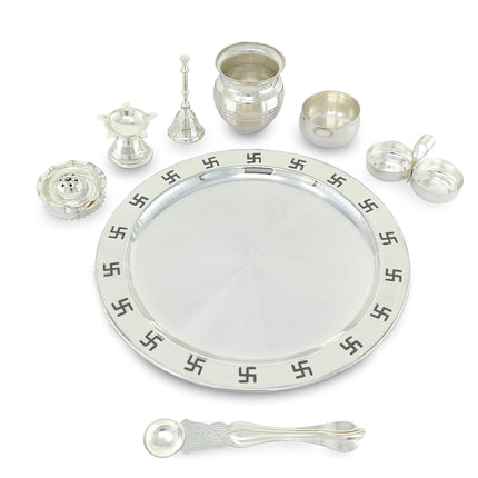 BENGALEN Pooja Thali Set Silver Plated with Blue Gift Box Designed Puja Plate Kalash Bowl Haldi Kumkum Stand Ghanti Dhup Dan Palli Diya for Home Office Diwali Wedding Return Gifts 