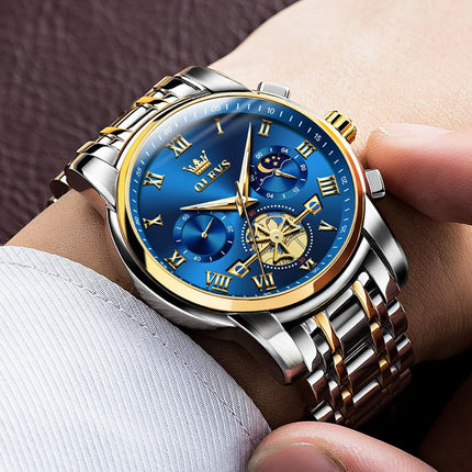 OLEVS chronograph Men's Stainless Steel Watch (Blue Dial Silver Colored Strap) 