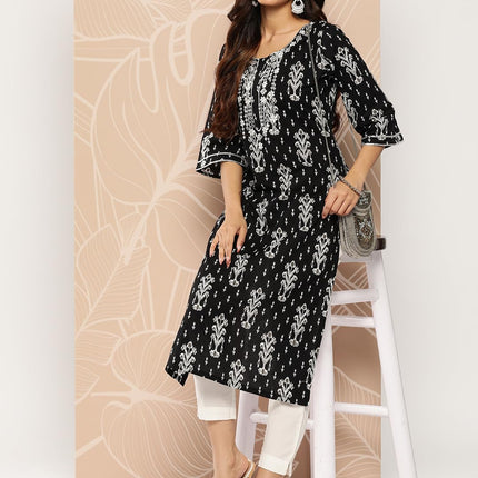 Libas Women's Cotton Embellished Straight Kurta (26185_Black 