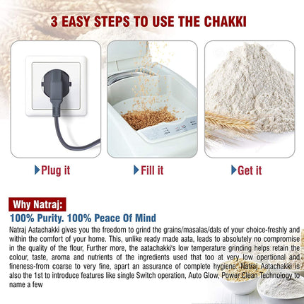 NATRAJ Punch Fully Automatic Domestic Flourmill Atta Chakki - Retains Nutrients High Capacity - 7 Sieves,1 HP Motor 7-10 Kg/Hr Grinding Capacity Aata Maker - Brown Stainless Steel 