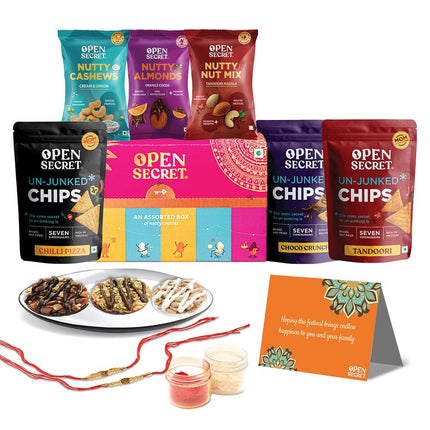 Open Secret Rakhi Set for Brother | Combo of 11 | Rakhi Gift for Brother & Bhabhi, Gift Hamper, Rakshabandhan Gifts for Sister, Dry Fruits, Cookies, Chips, Rakhis, Card & Roli Chawal Tilak Set 