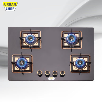 Urban Chef Gas Stove 4 Burners Glass Top | ISI Certified 4 Burner Stoves | Gas Chulha LPG & PNG Compatible | Burner Auto Ignition Cooktop | Easy Grip Knobs,7mm Thick Toughened Glass (Hob Top-Rose Gold 