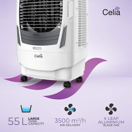 Havells Celia 55L Air Cooler for home | Ice Chamber | Collapsible Louvers | 4 Leaf Metal Blade | Powerful Air Delivery | Everlast Pump | 3 Side High Density Honeycomb Pads | Heavy Duty (White/Grey) 