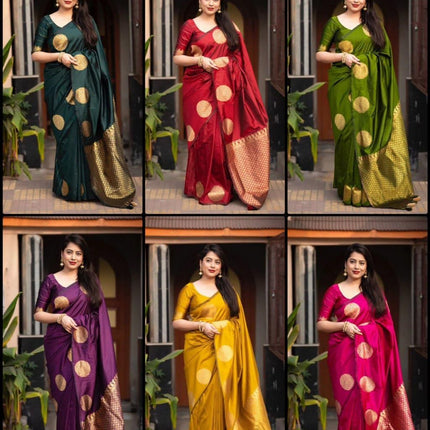C J Enterprise Women's Banarasi Saree Pure Kanjivaram Silk Saree Soft Design Wear Pattu Sarees Latest Cotton With Blouse Piece Kanchipuram for Wedding sadi new ladies 2025 (KeriGola-51) (Yellow) 