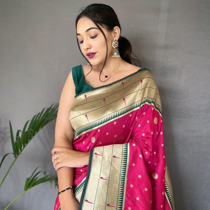 SGF11-Women's Kanjivaram Paithani Silk Saree Golden Zari With Blouse Piece (Pink) 