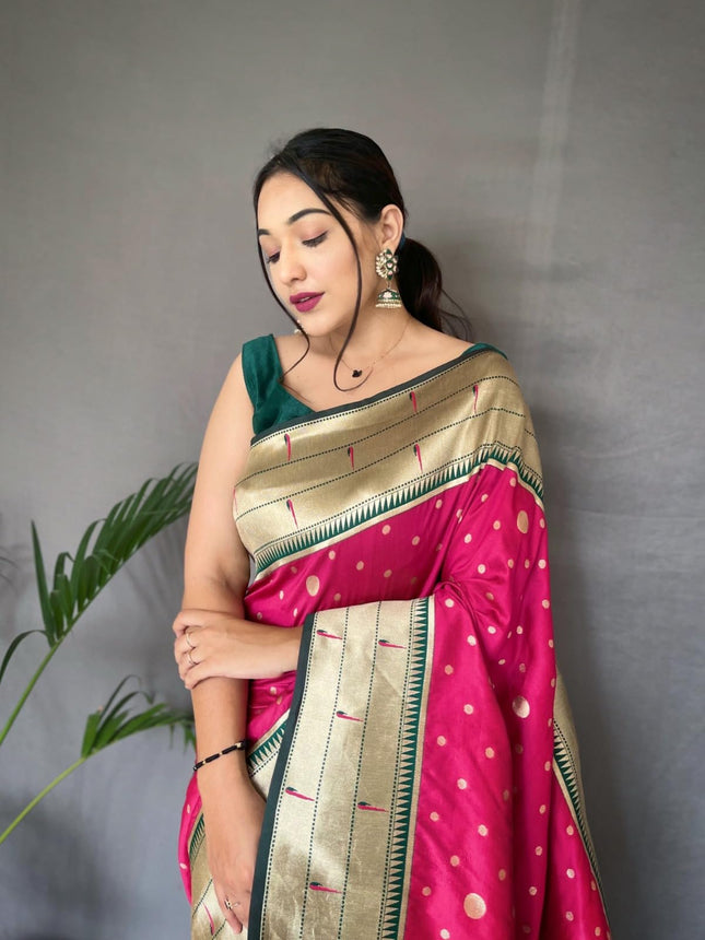 SGF11-Women's Kanjivaram Paithani Silk Saree Golden Zari With Blouse Piece (Pink) 
