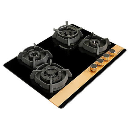 Faber 70cm 4Burner Gas Hob | Flame Failure Device | Cast Iron Pan Support | Metal Knobs | Dual Flame Burner | 8mm Toughened Black Glass | Versatile Hob/Cooktop | Hob Utopia Pro HT 704 BR CI 