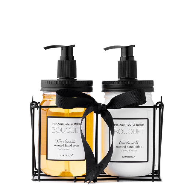 Kimirica Bouquet Hand wash Hand Lotion Duo set with Metal Caddy | Goodness of Frangipani and Rose, 100% Vegan & Paraben Free | Long Lasting fragrance | Luxury Gift set | Gift hamper | Premium Packaging (500ml x 2) 