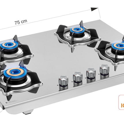 Sujata Robusto Gas Stove 4 Burners | 9 Years Warranty, ISI Certified | 4 Burner Gas Stove Stainless Steel Auto Ignition, LPG Ready & PNG Compatible, SABAF, 360° Rotating Nozzle, Jumbo Brass Burner 