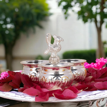 Sigaram German Silver 4x3 Inch Peacock Handle Peacock Handle Panchwala Kum Kum Bharani for Home Pooja Decor K2569 