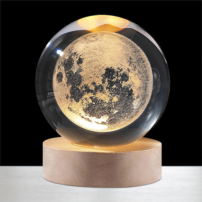 qbpatzwq 3D Galaxy Crystal Ball Night Light | Dimmable Engraved LED Glass Ball Table Lamp with USB and Wooden Base for Home Decor, Office, Birthday Gift & Kids Bedroom (Moon) 