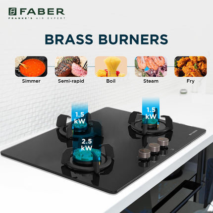 Faber 3 Burner 70cm Hob |Auto-Ignition| HOB PRIME HT703 CRS BR CI AI |Metal Knobs| Cast Iron Pan Support |Hob/Cooktop Hybrid| Black Glass Finish |5 Yr Warranty on Glass,Valve & 2 Yr on Burner by Faber 