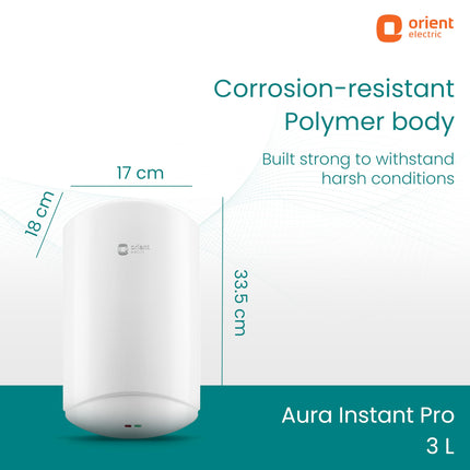 Orient Electric Aura Instant Pro 3L Instant Geyser for Kitchen & Bathroom| 3000W Powerful Heating Element Instant Water Heater | SS Tank | For Low & Mid Rise Buildings| 5 years warranty by Orient 