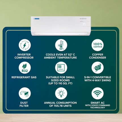 Blue Star 1 Ton 3 Star, 60 Months Warranty, Smart Inverter Split AC (Copper, Convertible 5 in 1 Cooling, Multi Sensors, Blue Fins, Self Diagnosis, ID312YNUS, White) 
