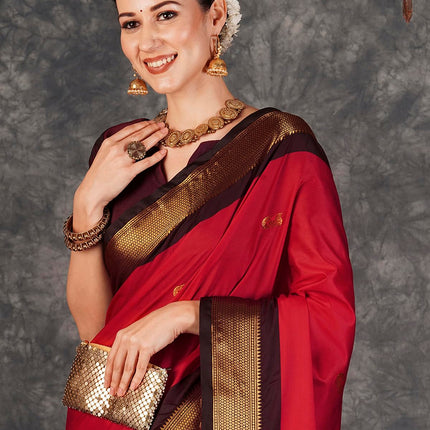 SWARON Women's Banarasi Jacquard Kanjivaram Silk Saree with Unstitched Blouse Piece (3743S111NW_Red & Dark Maroon) 