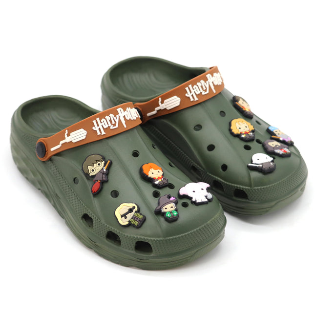 SVAAR x Harry Potter Men's Magical Clogs with 10 Authentic Harry Potter Charms Included and Adjustable Back Strap Olive Green 