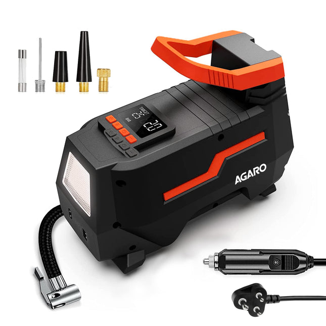 AGARO TI2157 Digital Portable Tyre Inflator/Pressure Gauge, 12V DC/230V AC for Home and Car, up to 150 PSI, LED Light, Digital Display, For Bike, Bicycles and Other Inflatables (Black). 