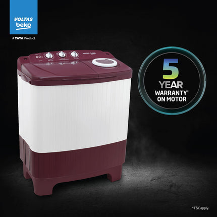 Voltas beko, A Tata Product 6 kg 5 Star Semi-Automatic Top Load Washing Machine With Air Dry (2024 Model, WTT60UNX/OK3R0R0W01, Burgundy, Special Pulsator Technology) 