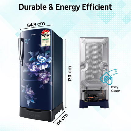 Samsung 183 L, 4 Star, Digital Inverter, Direct-Cool Single Door Refrigerator (RR20C1824HV/HL, Himalaya poppy Blue, Base Stand Drawer) 