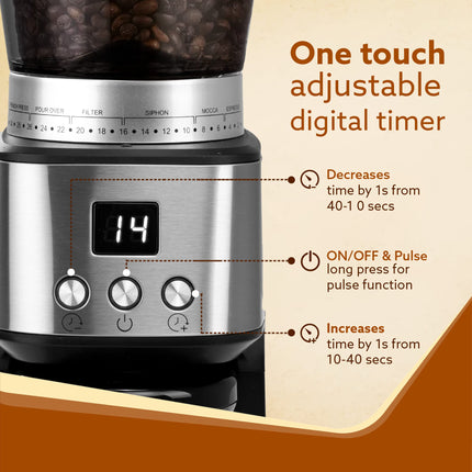 AGARO Stainless Steel Supreme Coffee Grinder,Conical Burr Grinder,31 Grinding Settings,Pulse Mode,Adjustable Digital Timer,Single Dose Grinder For Espresso Filter Dripper Moca,Espresso,Silver 