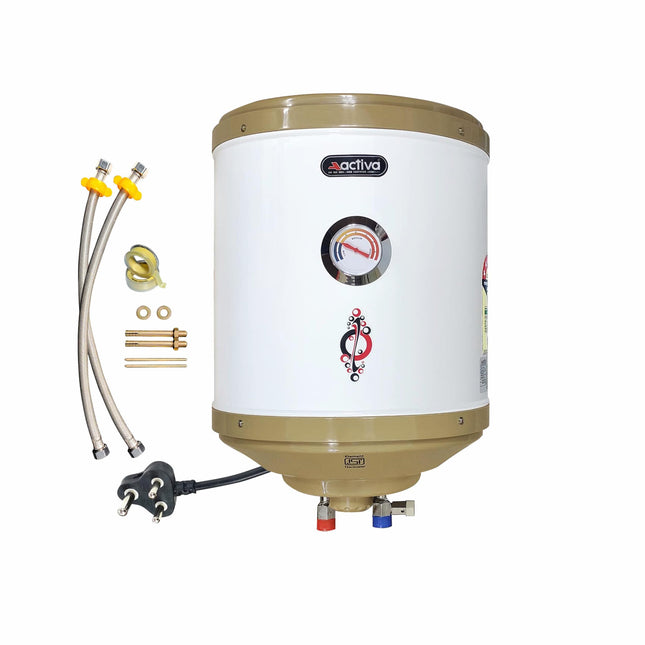 Activa 15L Water Heater Geyser with Temperature Meter, 2 KVA ISI Cooper Element, 0.75mm Anti Rust Coated Tank, ABS Body, BEE 5 Start Rated, Adjustable Thermostat, Free Instalation Kit, 5 Year Warranty 