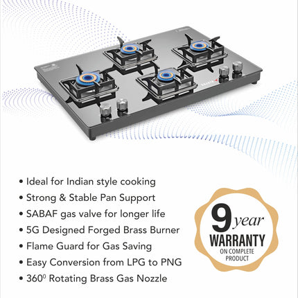Sujata Cross Gas Stove | 9 Years Warranty | 4 Burner Gas Stove Glass Top, SABAF, ISI Certified, LPG & PNG Compatible, 360° Rotating Brass Gas Nozzle, Jumbo Brass Burner (Black) 