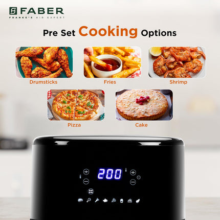 Faber 6L 1500W Digital Air Fryer | Fry, Bake, Roast, Toast, Defrost, Grill & Reheat | 85% Less Oil, 360° Air Cooking | 8-Preset Menu, LED Display & Touch Control, Non-Stick Pan, View Window | (Black) 