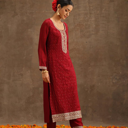 Libas Women's Silk Blend Kurta Sets (38088O_Maroon 