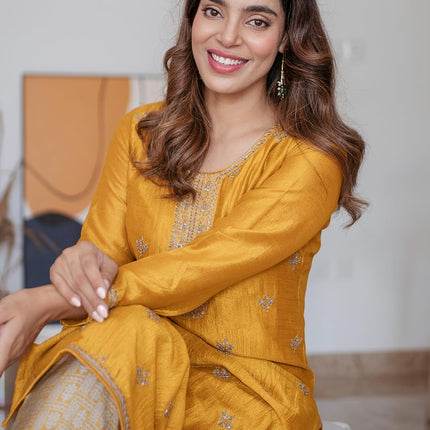 Libas Women's Silk Embellished Straight Kurta (23491O_Yellow 