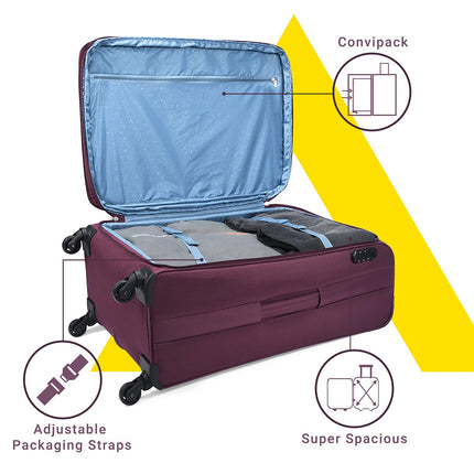 Aristocrat Skyway Large Size Soft Check in Luggage (79 cm) | Spacious Polyester Trolley with 4 Wheels and Combination Lock | Dazzling Maroon | Unisex| 5 Year Warranty 