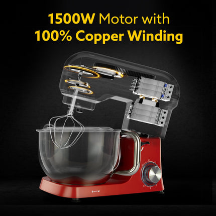 AGARO Supreme Stand Mixer 1500W with 6.2L SS Bowl, 6 Speed Setting, Pulse Function, Die Cast Aluminium Body, Copper Motor, Whisk, Mixing Beater, Dough Hook, Transparent Bowl Cover, Red 