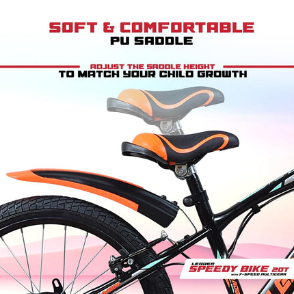 Leader Speedy Bike 20T 7 Speed Kids Cycle | Frame Size 12 Inch | Gear Cycle for Boys & Girls of Ages 7 to 10 Yrs - Black/Orange, Front Suspension 