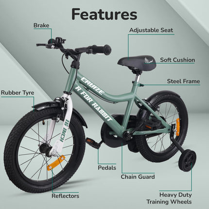 R for Rabbit Cruize Bicycle for Kids 16T Inch Cycle with Training Wheels for 4 to 7 Years Baby Boys & Girls of Upto 40 Kgs Weight Capacity - 90% Installed (Olive Green),Rigid 