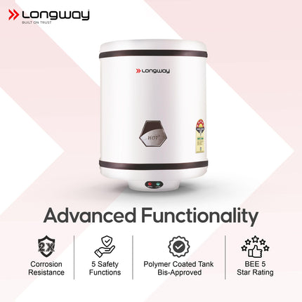 Longway Hotplus 10 Ltr 5 Star Rated Automatic Instant Water Heater for Home, Water Geyser, Water Heater, Electric Geyser with Multiple Safety System & Anti-Rust Coating | (Off-White, 10 Ltr) 