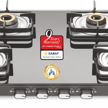 Sujata Classic Auto Ignition Gas Stove | 9 Years Warranty | 4 Burner Gas Stove Glass Top, SABAF, ISI Certified, LPG & PNG Compatible, Jumbo Brass Burner (Black) 