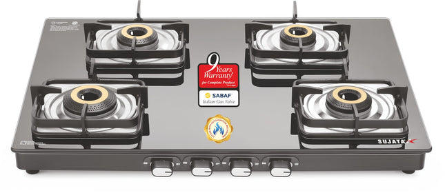 Sujata Classic Auto Ignition Gas Stove | 9 Years Warranty | 4 Burner Gas Stove Glass Top, SABAF, ISI Certified, LPG & PNG Compatible, Jumbo Brass Burner (Black) 