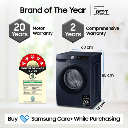 Samsung Smart Choice 9 kg, 5 Star, AI Control, AI Ecobubble, Super Speed, Wi-Fi, Hygiene Steam with Inbuilt Heater, Digital Inverter, Fully-Automatic Front Load Washing Machine (WW90DG6U24ASTL, NAVY) 