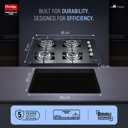 Prestige Marvella Hob Black Al - 4B (With Glass Top, 4 Unit Burners & Auto Ignition) 