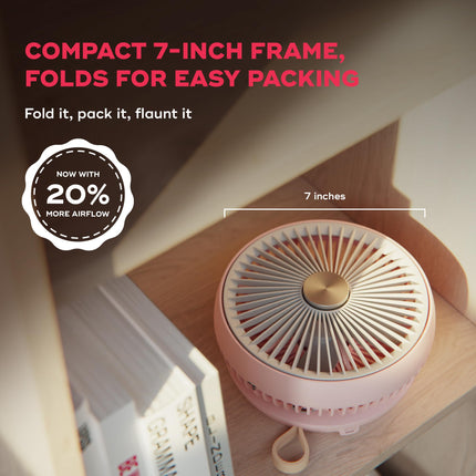 NUUK FOLDE V2 Personal Rechargeable Fan For Travel | Folds 180° & Fits In Any Bag | Cordless, 7-Inch |16 Hr Run Time, 4 Wind Speeds | Super Silent BLDC Motor |For Hiking,Picnics, Beach,Camping, Pink 