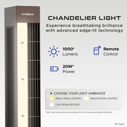 KARBAN Airzone Lite 3-In-1 Bladeless Ceiling Fan with Air Purifier & Light for Home & Office | CFD Technology Handcrafted Wooden Versatile Air Circulator Or Tower Fan (Brown, Natural LED Light) 