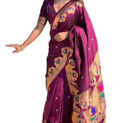 SGF11 Women's Kanjivaram Paithani Pure Soft Silk Saree For Womens With Unstitched Blouse Piece (Purple) 