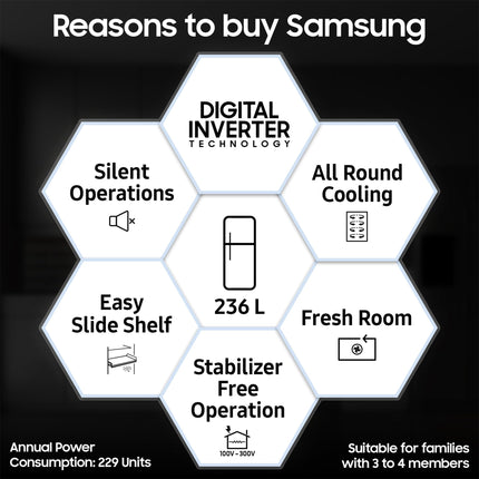 Samsung 236 L, 3 Star, Digital Inverter, Frost Free Double Door Refrigerator (RT28C3053S8/HL, Silver, Elegant Inox) 