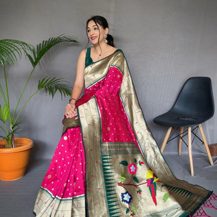 SGF11-Women's Kanjivaram Paithani Silk Saree Golden Zari With Blouse Piece (Pink) 