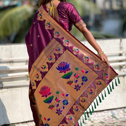 SGF11 Women's Kanjivaram Paithani Pure Soft Silk Saree For Womens With Unstitched Blouse Piece (Purple) 