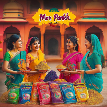 Nivasam Mor Pankh Herbal Holi Gulal - Orange | Yellow | Red | Pink and Green - Holi Items- Pack of 5-80gm x 5 - Holi Gift Pack -for Family, Party, Silky, Soft & Skin Friendly, 100% Safe 